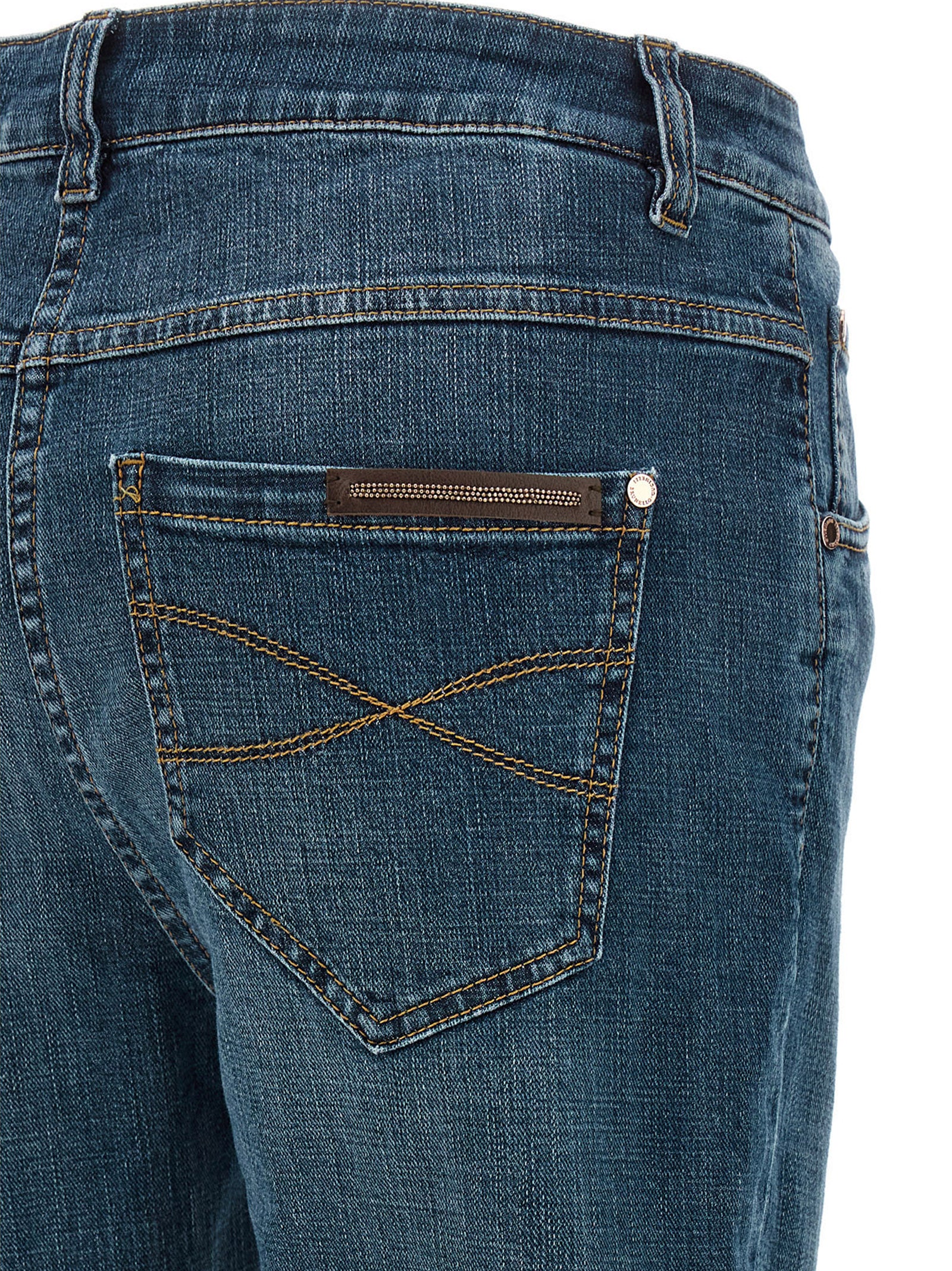 Jeans by Brunello Cucinelli for women in stretch denim cotton blue & signature features a polished silhouette with a polished straight-leg, reaching a polished long and finished with a polished .