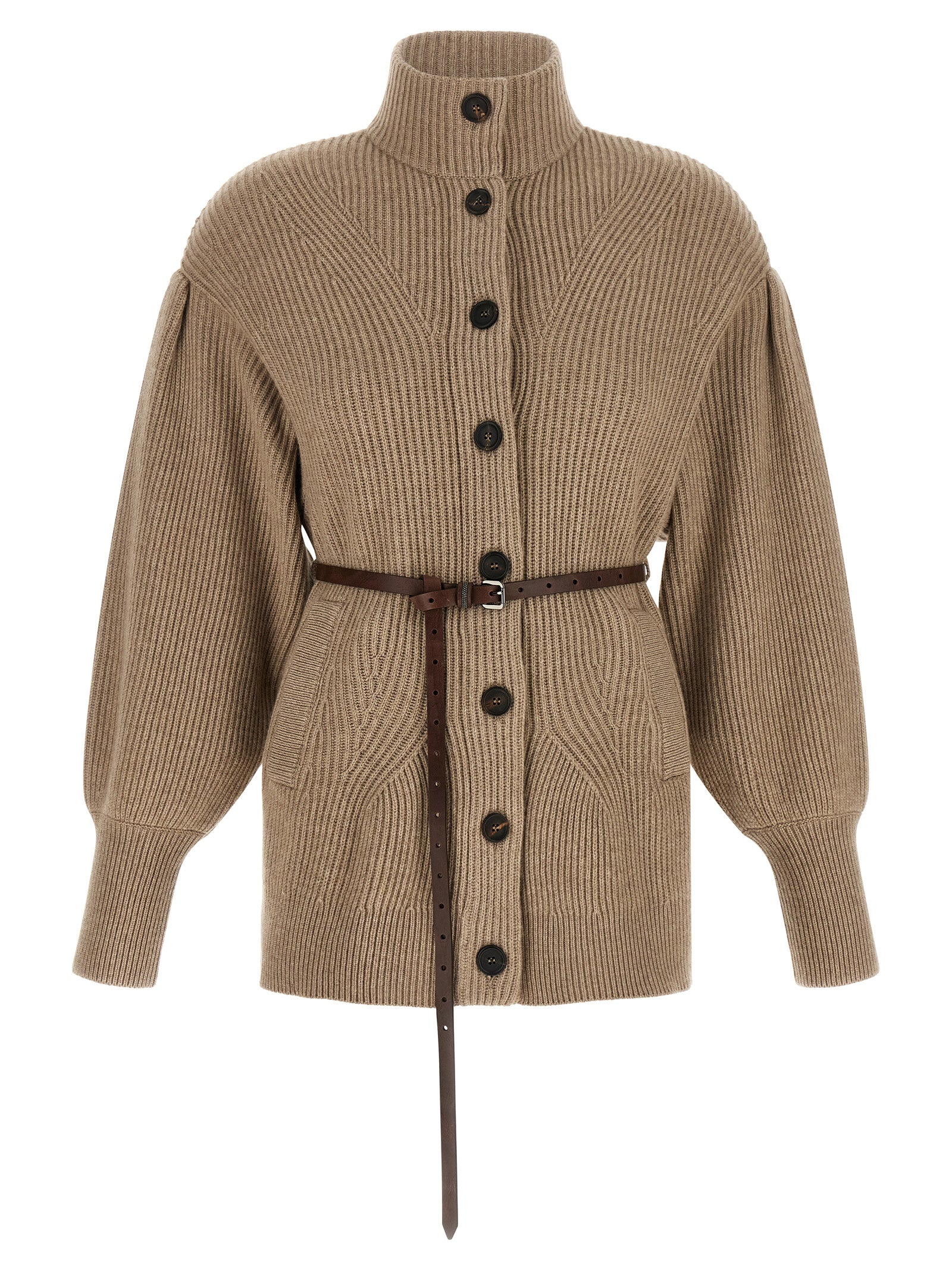 Cardigan by Brunello Cucinelli for women in silk cashmere & leather beige, brown, patterned & chevron presents a textural silhouette, artfully finished with a textural and for a sophisticated, textural look.
