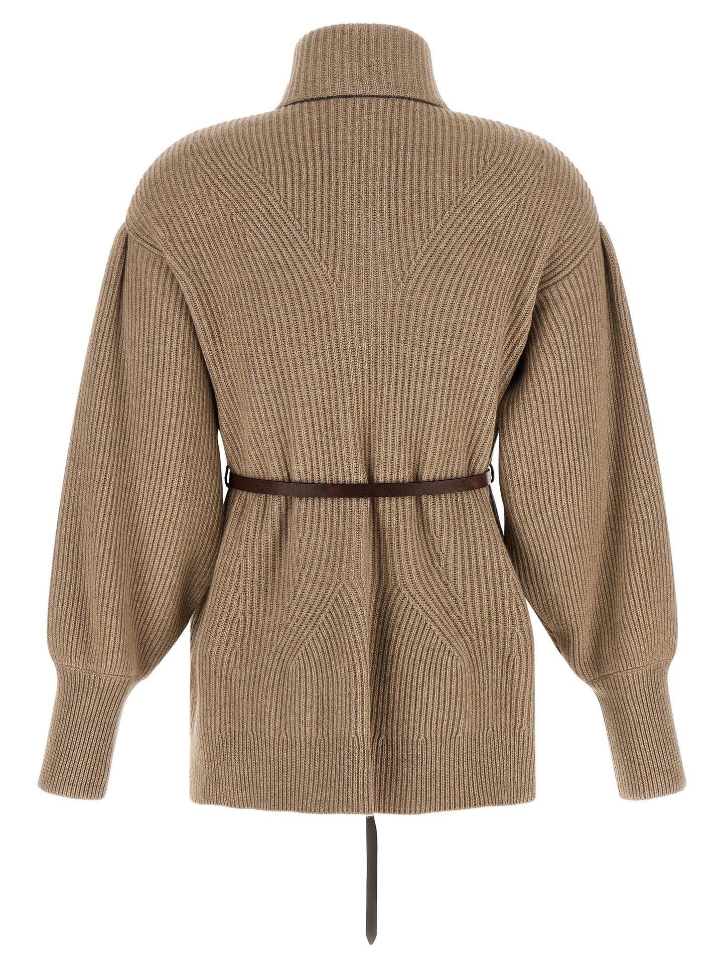 Cardigan by Brunello Cucinelli for women in silk cashmere & leather beige, brown, patterned & chevron features an crisp silhouette, showcasing a sophisticated and detail for a truly crisp finish.