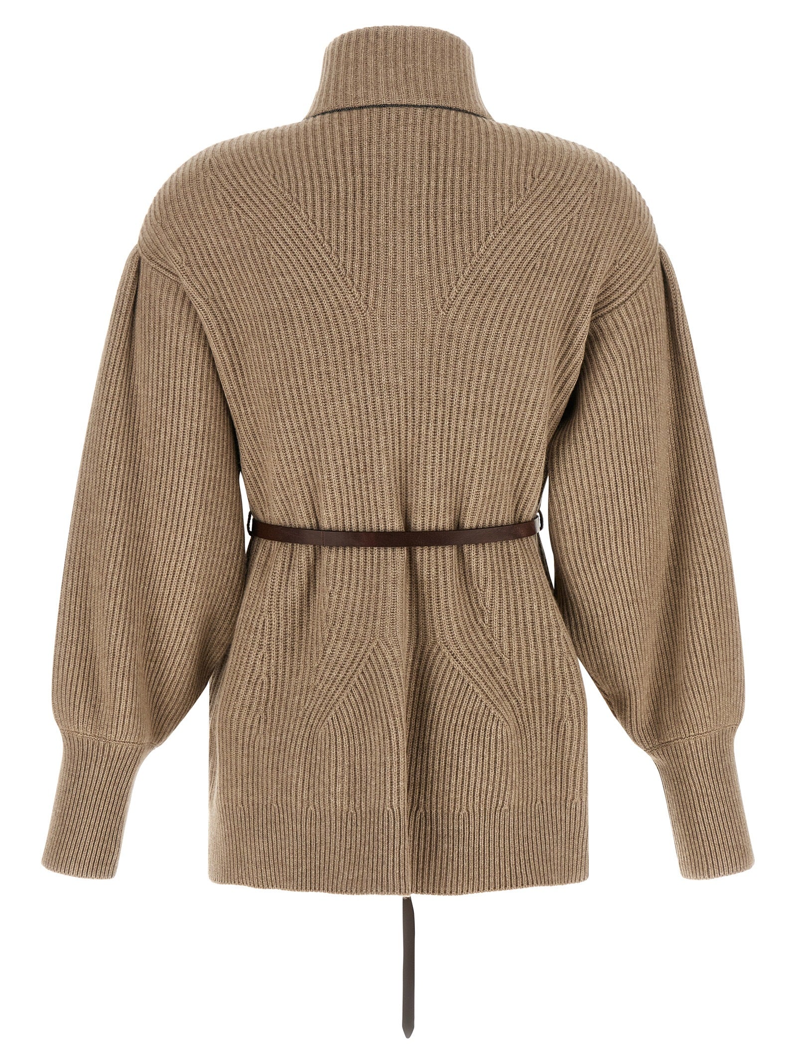 Cardigan by Brunello Cucinelli for women in silk cashmere & leather beige, brown, patterned & chevron features an crisp silhouette, showcasing a sophisticated and detail for a truly crisp finish.