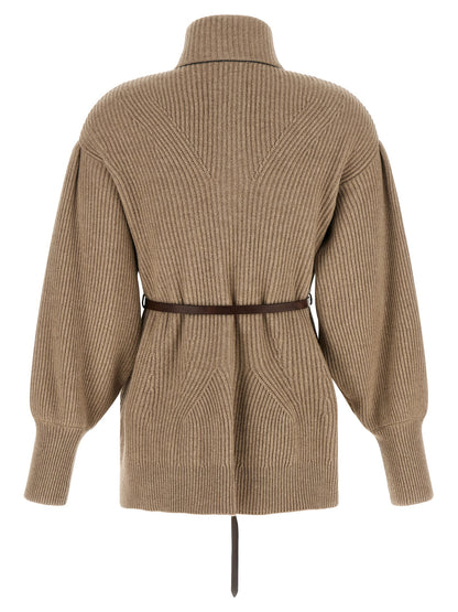 Cardigan by Brunello Cucinelli for women in silk cashmere & leather beige, brown, patterned & chevron features an crisp silhouette, showcasing a sophisticated and detail for a truly crisp finish.