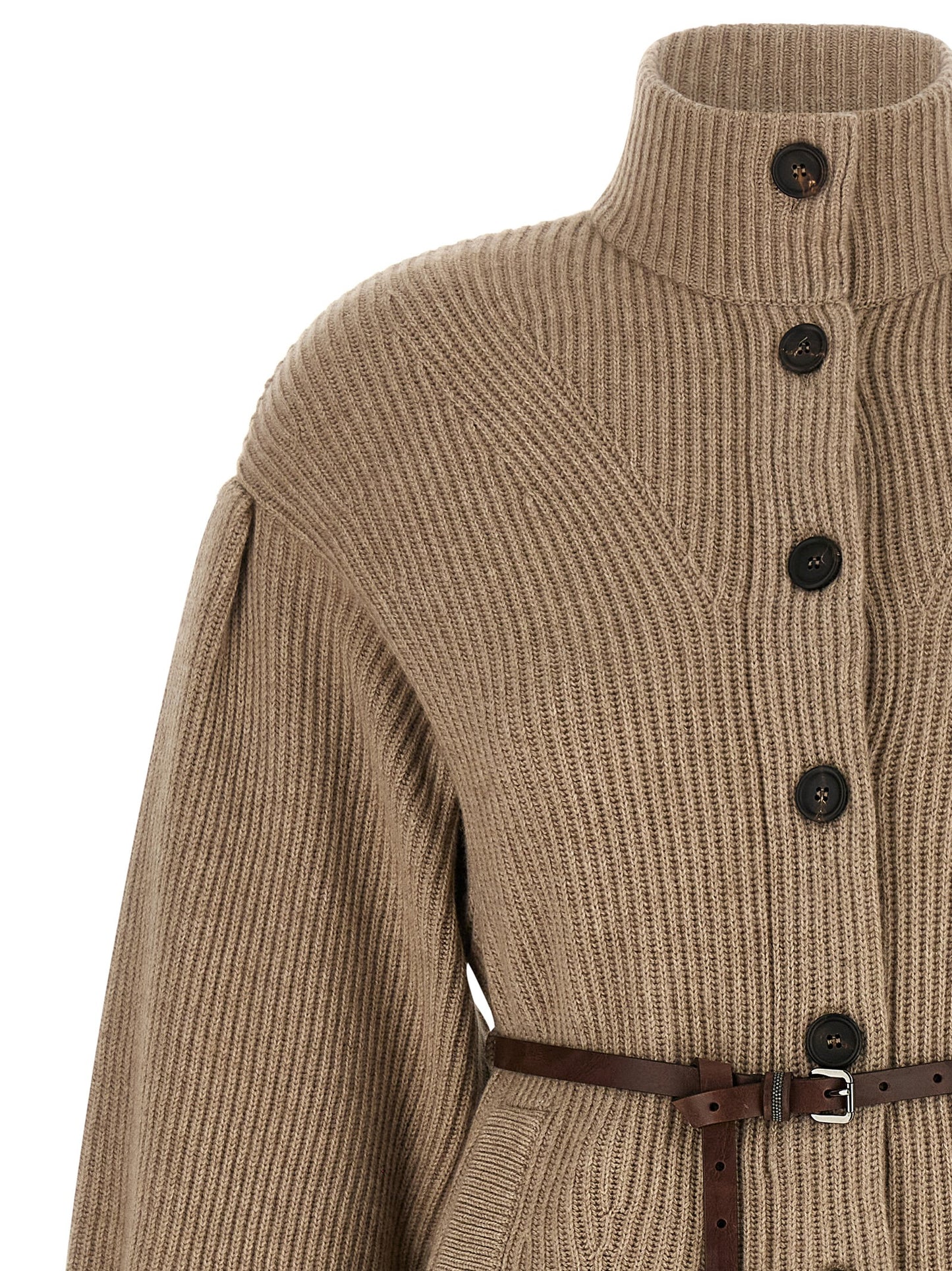 Cardigan by Brunello Cucinelli for women in silk cashmere & leather beige, brown, patterned & chevron features a nuanced silhouette with a refined and nuanced detailing for a sophisticated look.