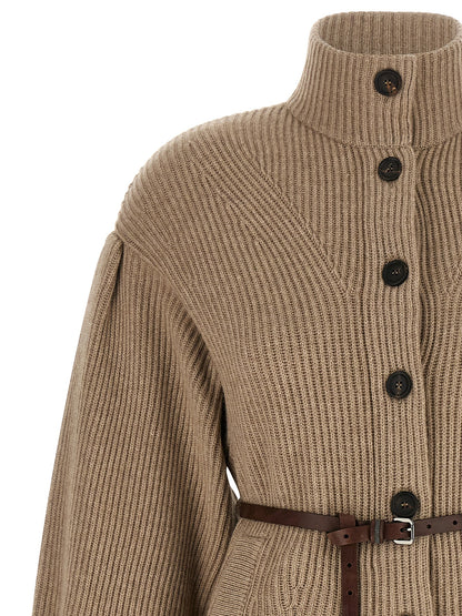 Cardigan by Brunello Cucinelli for women in silk cashmere & leather beige, brown, patterned & chevron features a nuanced silhouette with a refined and nuanced detailing for a sophisticated look.