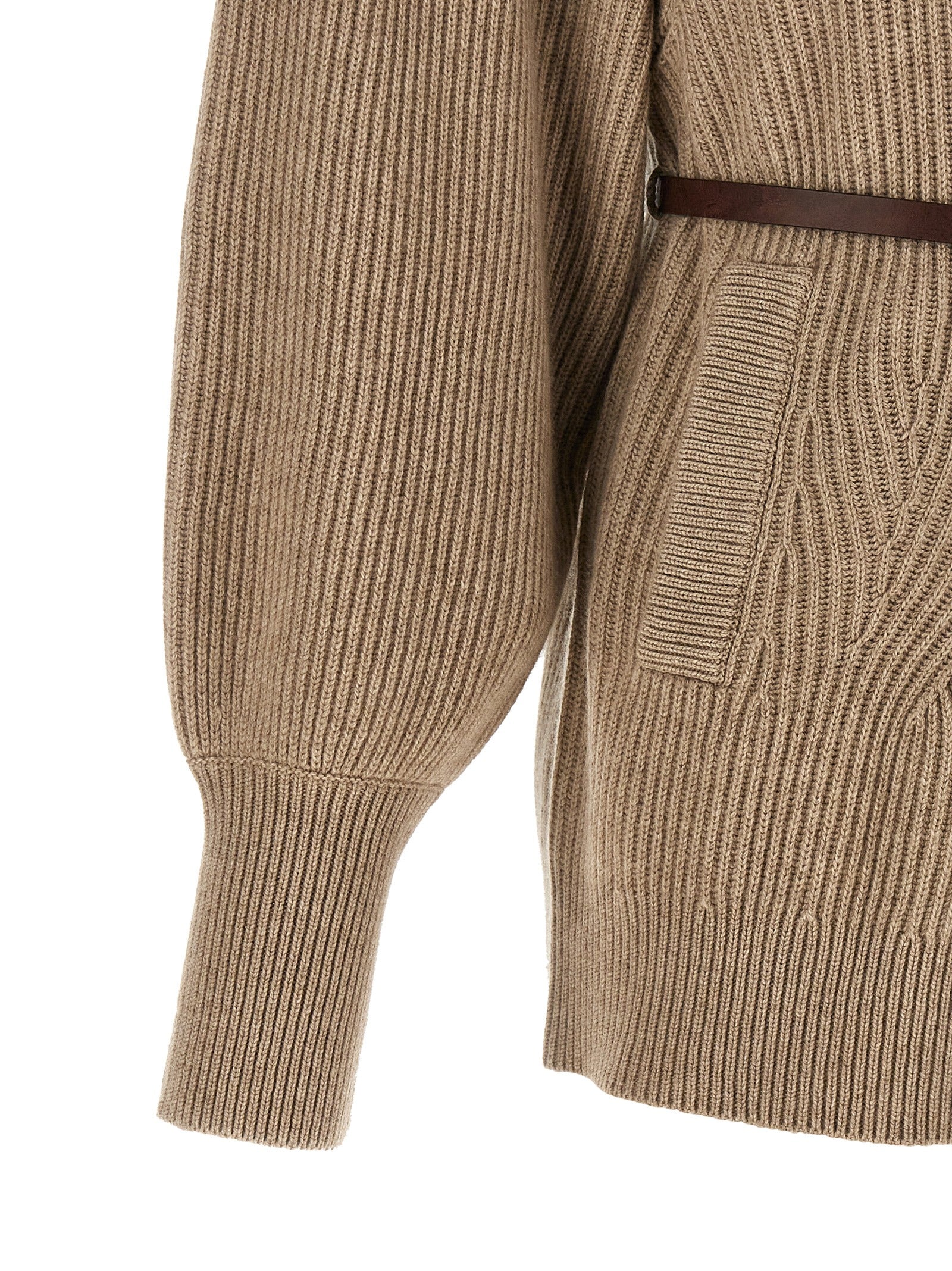 Cardigan by Brunello Cucinelli for women in silk cashmere & leather beige, brown, patterned & chevron showcases a luxurious silhouette, meticulously detailed with a sophisticated and for a refined finish.