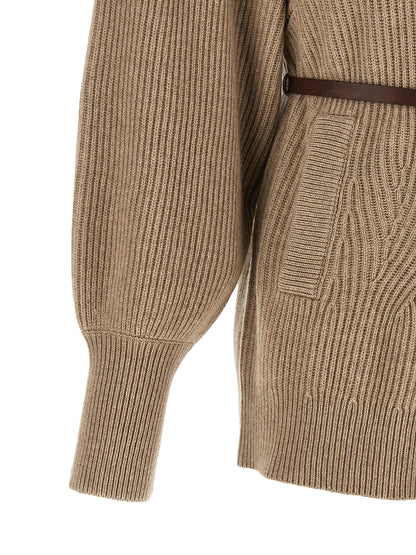 Cardigan by Brunello Cucinelli for women in silk cashmere & leather beige, brown, patterned & chevron showcases a luxurious silhouette, meticulously detailed with a sophisticated and for a refined finish.