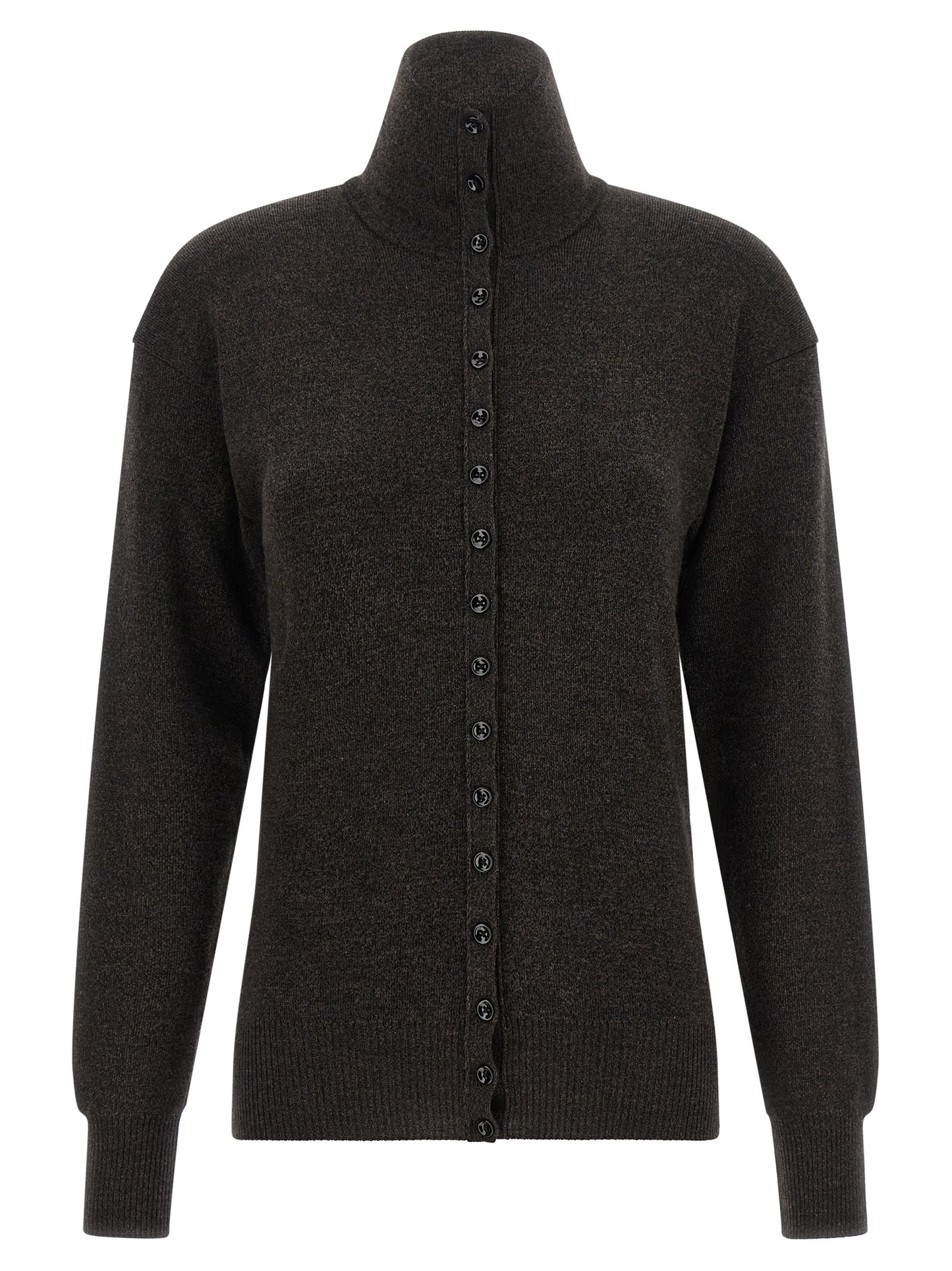 Cardigan by Lemaire for women in merino wool brown showcases a luxurious silhouette, meticulously detailed with a sophisticated high-neck neckline and for a refined finish.