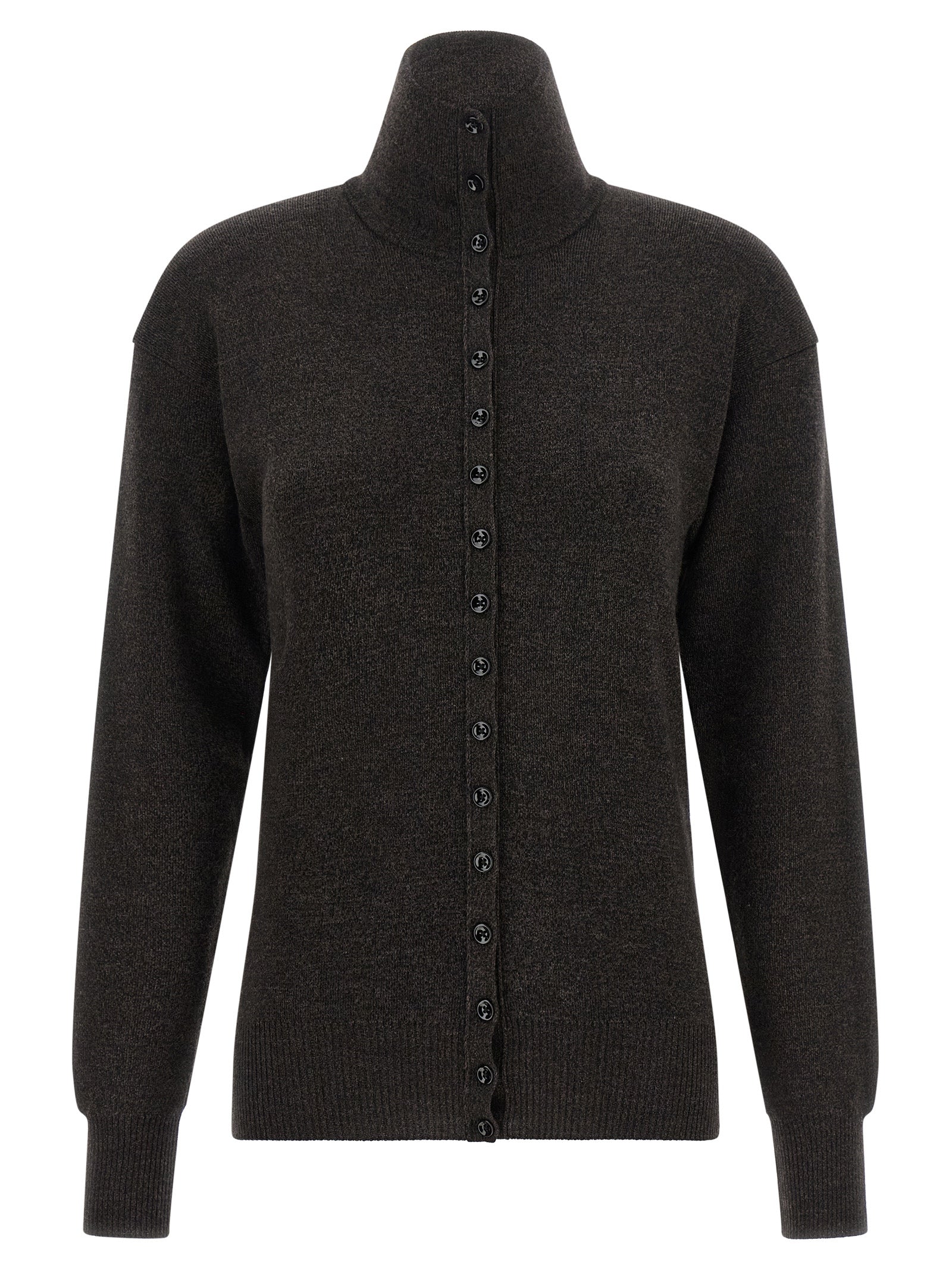Cardigan by Lemaire for women in merino wool brown showcases a luxurious silhouette, meticulously detailed with a sophisticated high-neck neckline and for a refined finish.