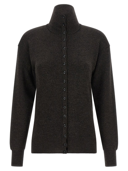 Cardigan by Lemaire for women in merino wool brown showcases a luxurious silhouette, meticulously detailed with a sophisticated high-neck neckline and for a refined finish.