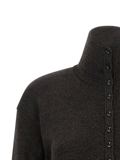 Cardigan by Lemaire for women in merino wool brown presents a textural silhouette, artfully finished with a textural high-neck neckline and for a sophisticated, textural look.
