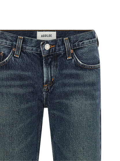 Jeans by Agolde for women in denim cotton blue, indigo & signature features a polished silhouette with a polished bootcut, reaching a polished long and finished with a polished low rise.