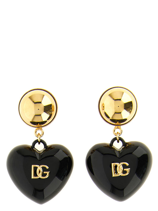 Earrings by Dolce & Gabbana for women in calfskin leather black, gold & signature features an ornate from the Heart Women's Gold Brass Earrings collection, showcasing a ornate finish that embodies sophisticated luxury.