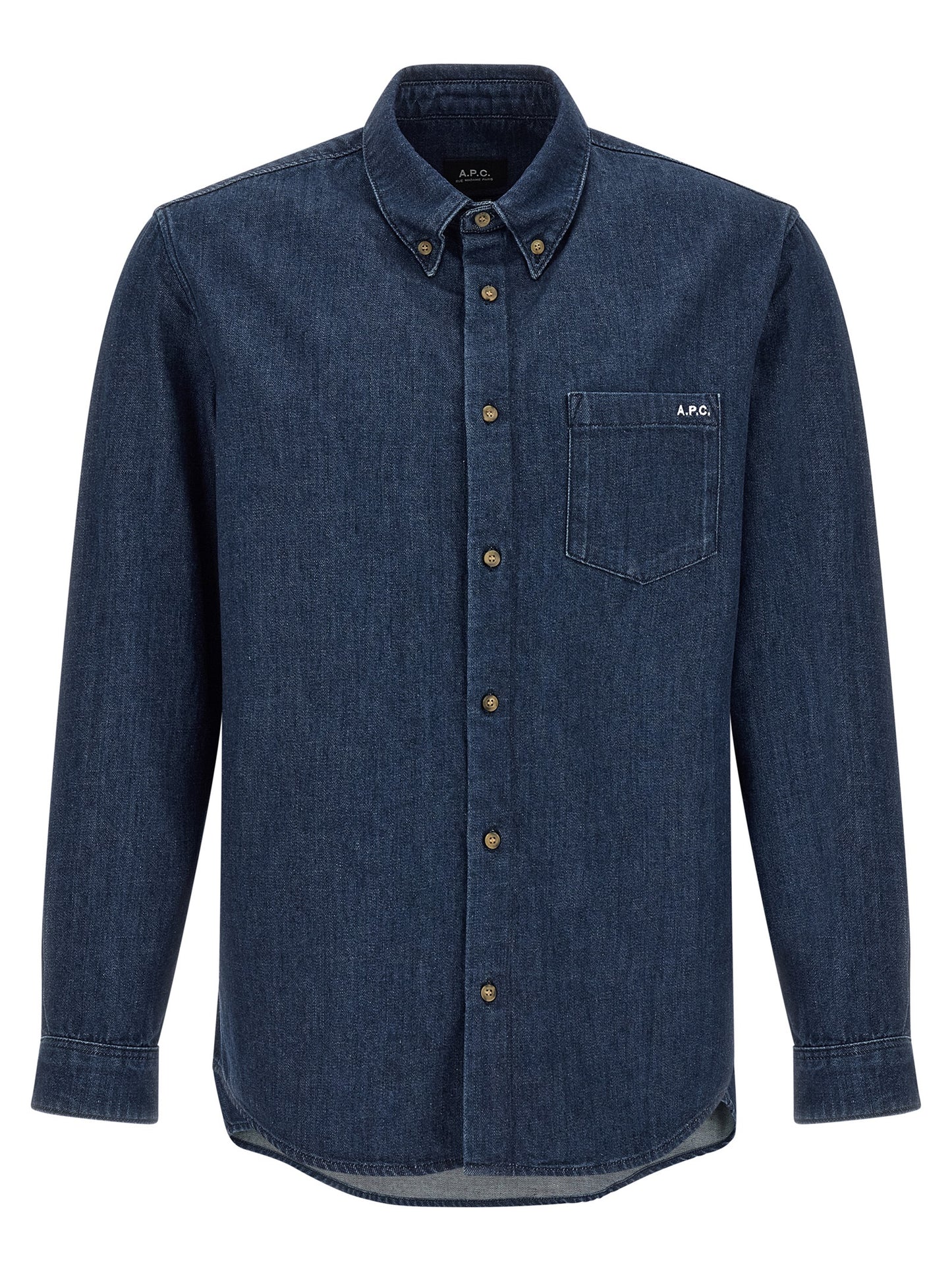 Shirt by A.P.C. for men in cotton blue features an architectural silhouette with a refined and elegant button-down-collar neckline for a architectural look.