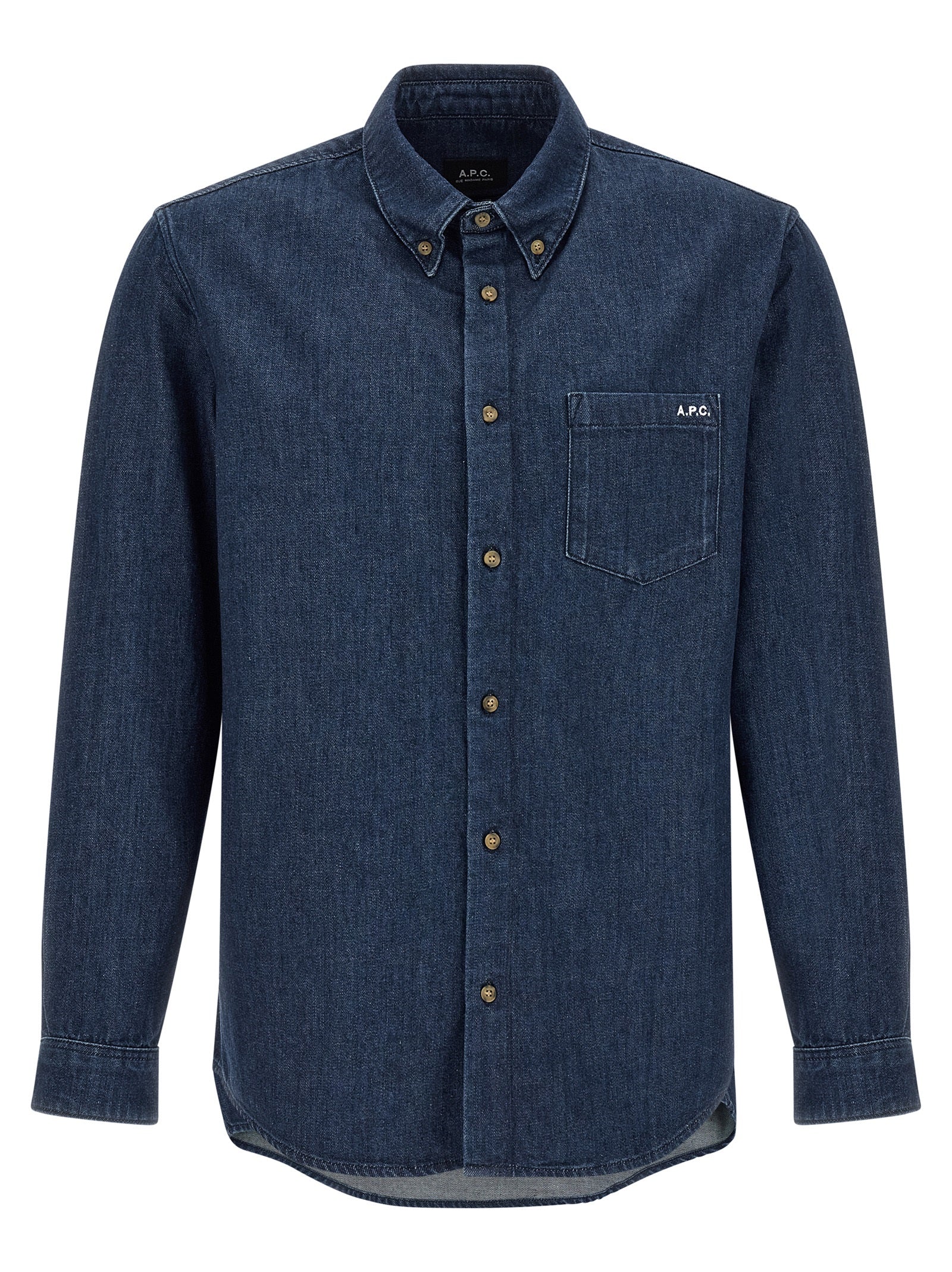 Shirt by A.P.C. for men in cotton blue features an architectural silhouette with a refined and elegant button-down-collar neckline for a architectural look.