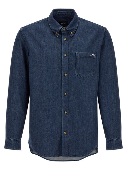 Shirt by A.P.C. for men in cotton blue features an architectural silhouette with a refined and elegant button-down-collar neckline for a architectural look.