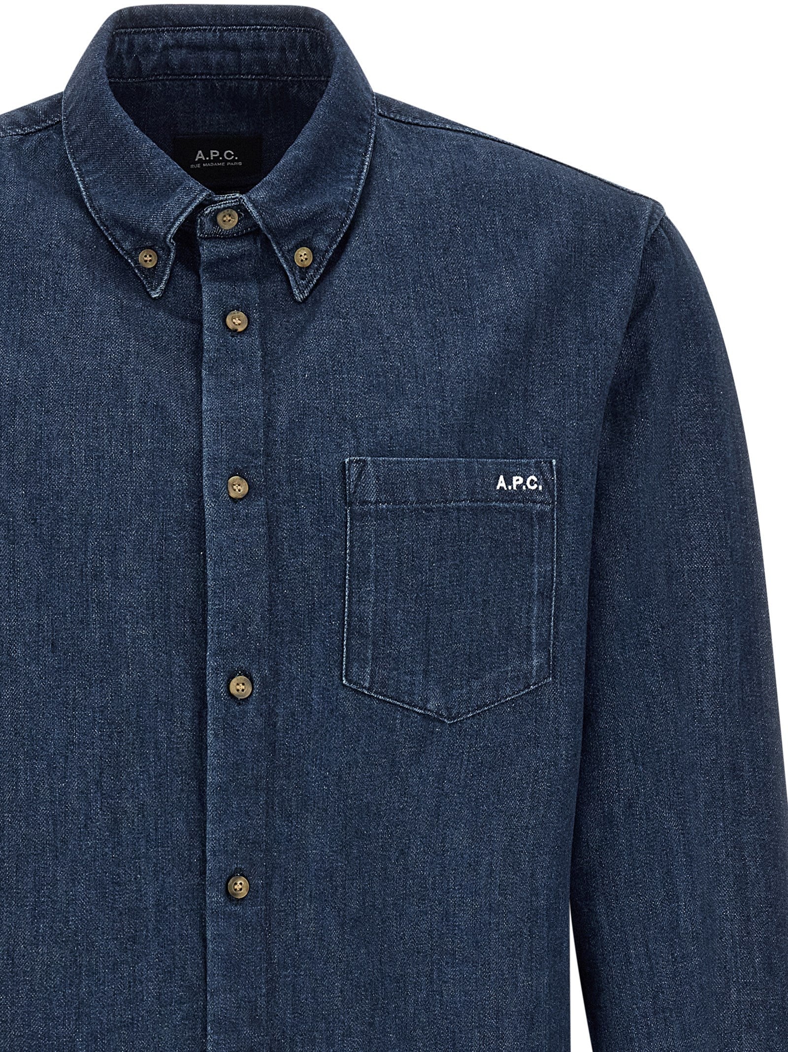 Shirt by A.P.C. for men in cotton blue showcases a sleek silhouette, elegantly detailed with a sleek button-down-collar neckline and for a sleek finish.
