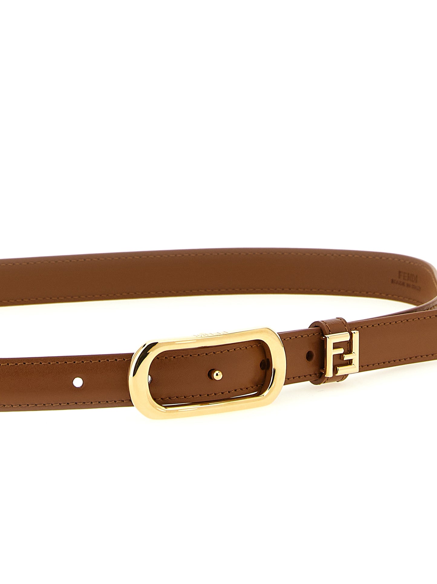 Belt by Fendi for women in calfskin leather brown & gold presents a artisanal silhouette from the Calfskin Leather Belt collection, showcasing an artisanal design and refined craftsmanship for a artisanal look.