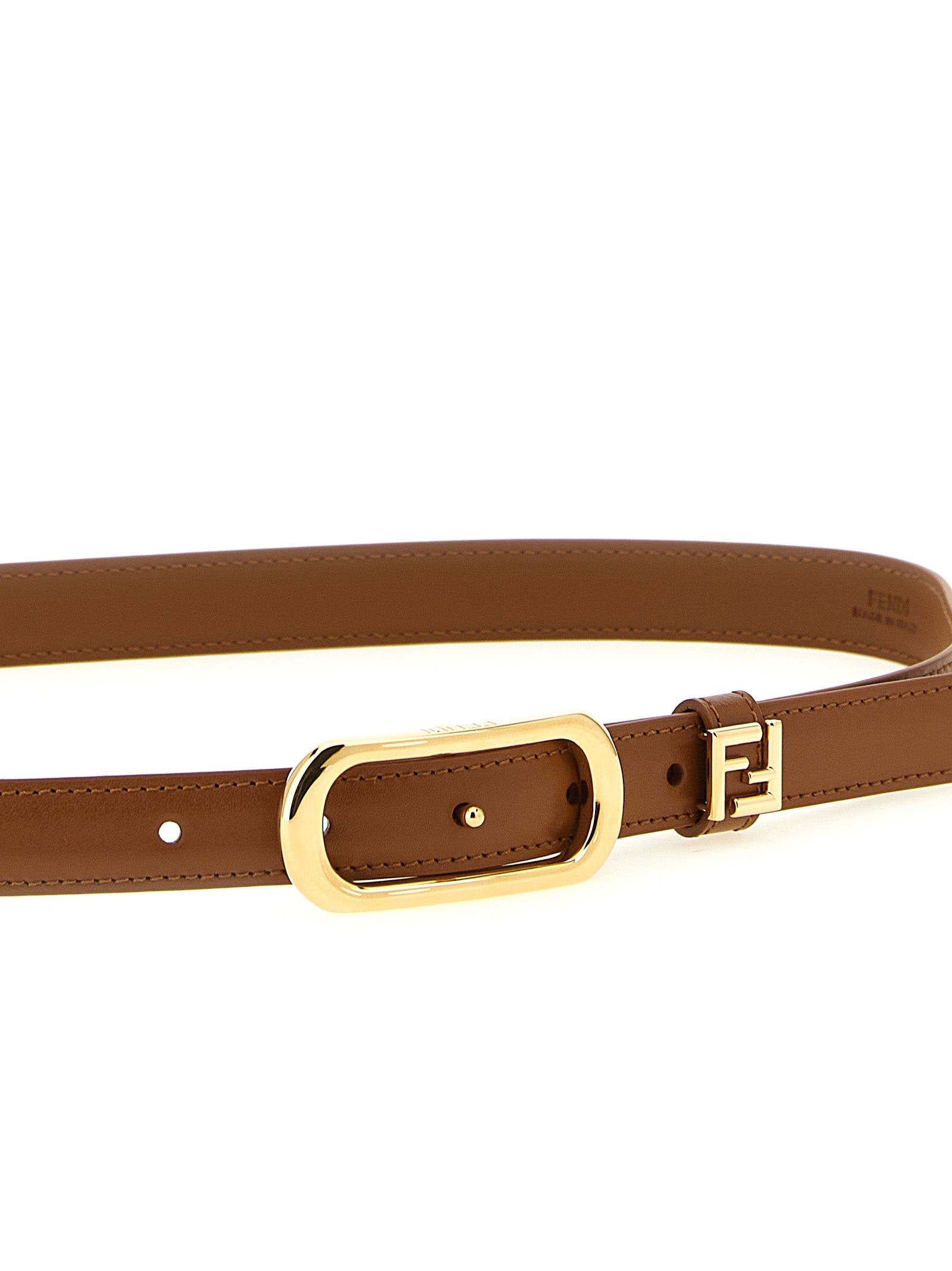 Belt by Fendi for women in calfskin leather brown & gold presents a artisanal silhouette from the Calfskin Leather Belt collection, showcasing an artisanal design and refined craftsmanship for a artisanal look.