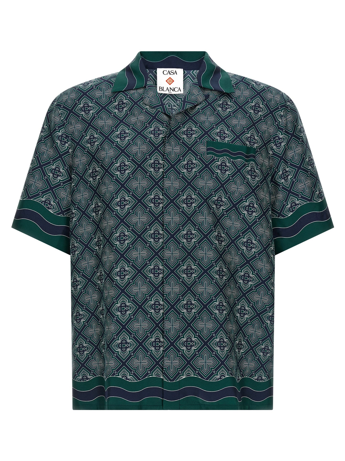 Shirt by Casablanca for men in silk bicolour, dark-green, patterned & monogram, featuring a nuanced and nuanced cuban-collar neckline for a sophisticated finish.