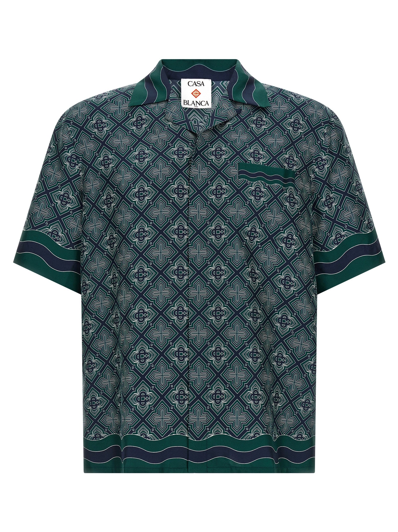 Shirt by Casablanca for men in silk bicolour, dark-green, patterned & monogram, featuring a nuanced and nuanced cuban-collar neckline for a sophisticated finish.