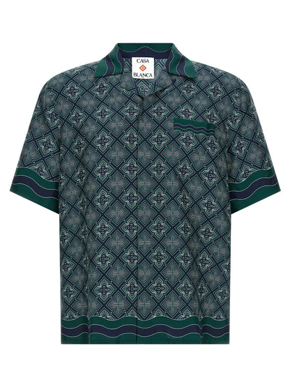 Shirt by Casablanca for men in silk bicolour, dark-green, patterned & monogram, featuring a nuanced and nuanced cuban-collar neckline for a sophisticated finish.