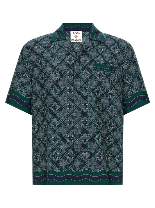 Shirt by Casablanca for men in silk bicolour, dark-green, patterned & monogram, featuring a nuanced and nuanced cuban-collar neckline for a sophisticated finish.