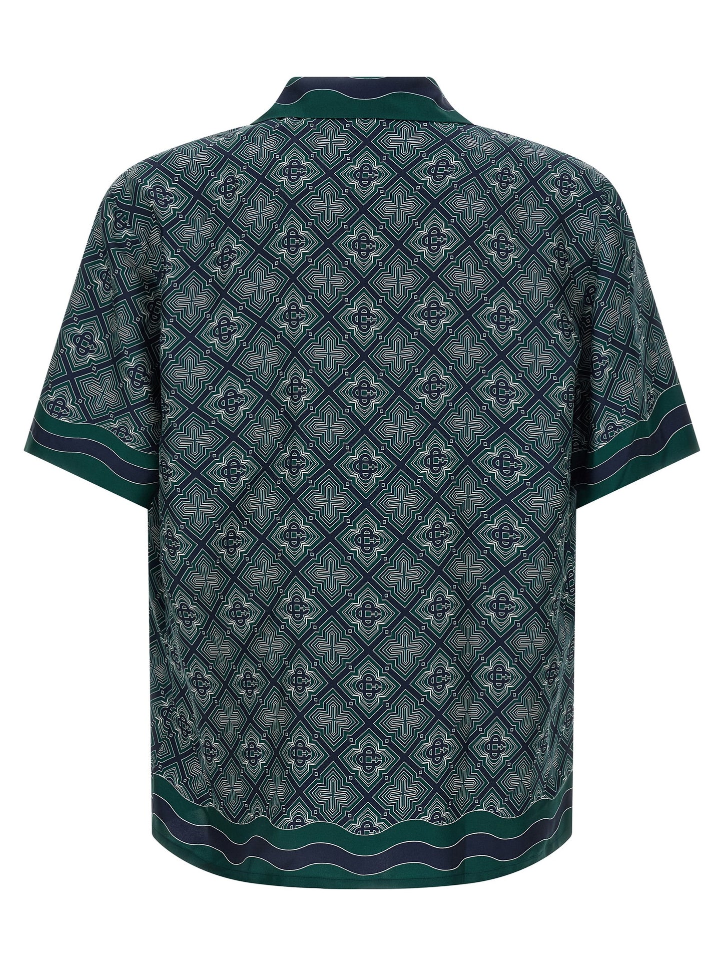 Shirt by Casablanca for men in silk bicolour, dark-green, patterned & monogram presents a discerning silhouette, showcasing a sophisticated cuban-collar neckline and for a truly discerning finish.