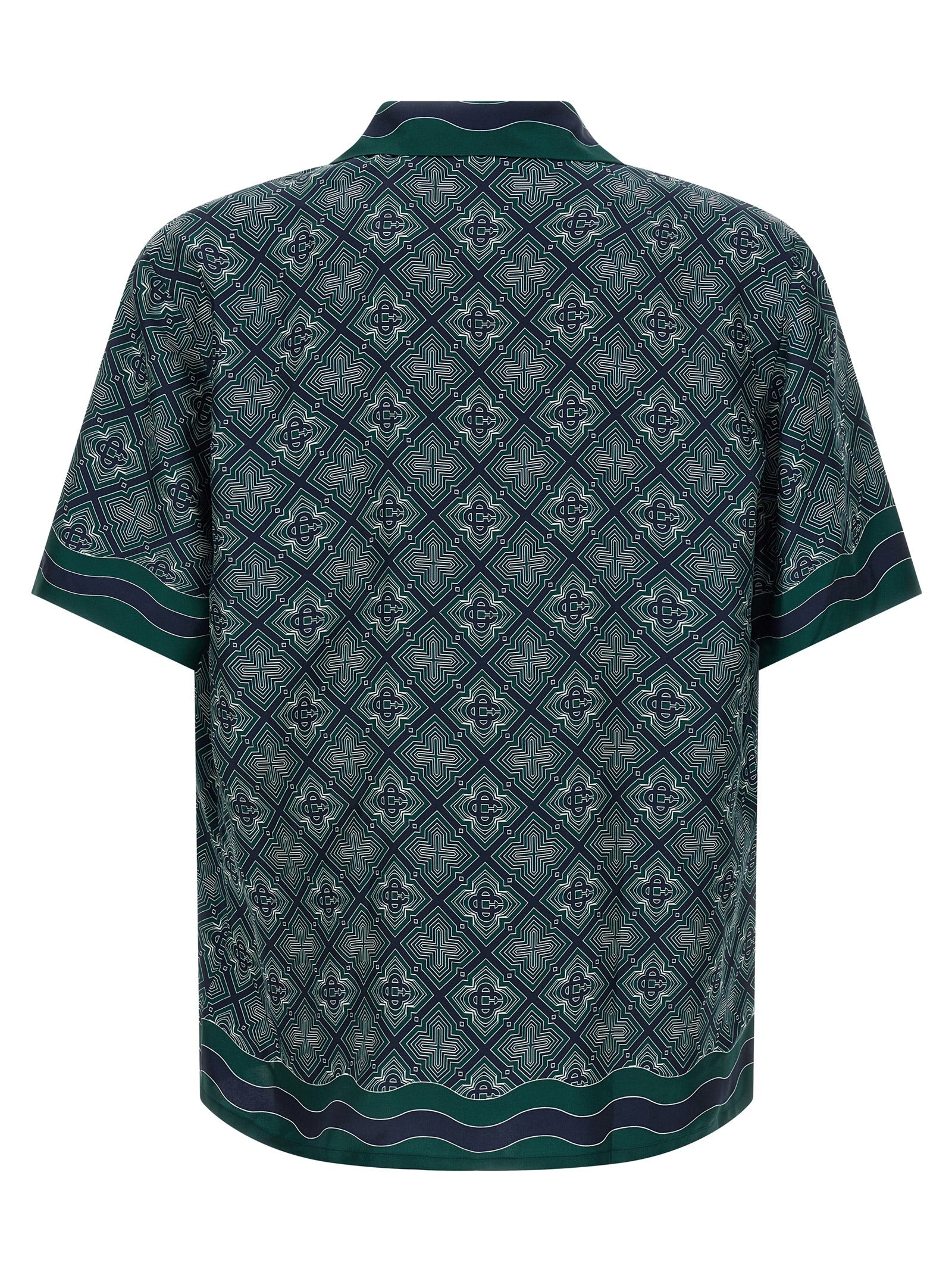 Shirt by Casablanca for men in silk bicolour, dark-green, patterned & monogram presents a discerning silhouette, showcasing a sophisticated cuban-collar neckline and for a truly discerning finish.