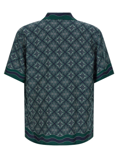 Shirt by Casablanca for men in silk bicolour, dark-green, patterned & monogram presents a discerning silhouette, showcasing a sophisticated cuban-collar neckline and for a truly discerning finish.