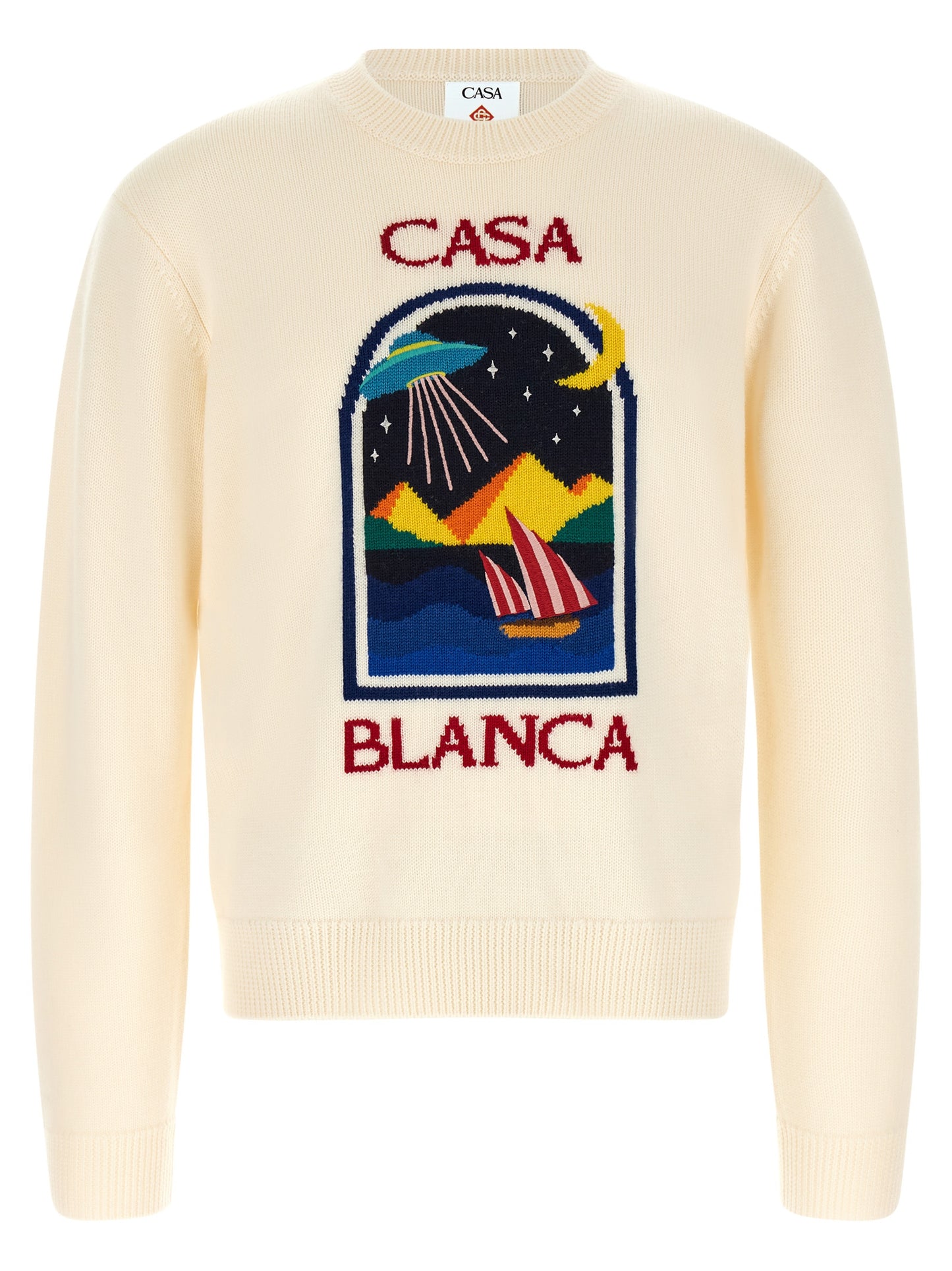Cardigan by Casablanca for men in wool cream & white features a dramatic silhouette, showcasing a sophisticated round neckline and dramatic detail for a timeless, premium look.