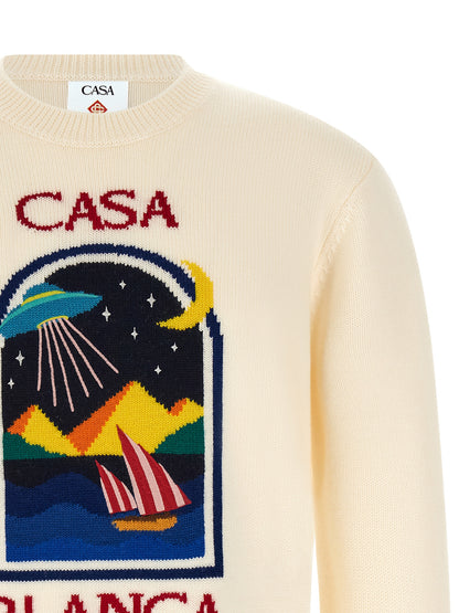 Cardigan by Casablanca for men in wool cream & white showcases a captivating silhouette, artfully detailed with a captivating and round neckline for a truly sophisticated captivating look.