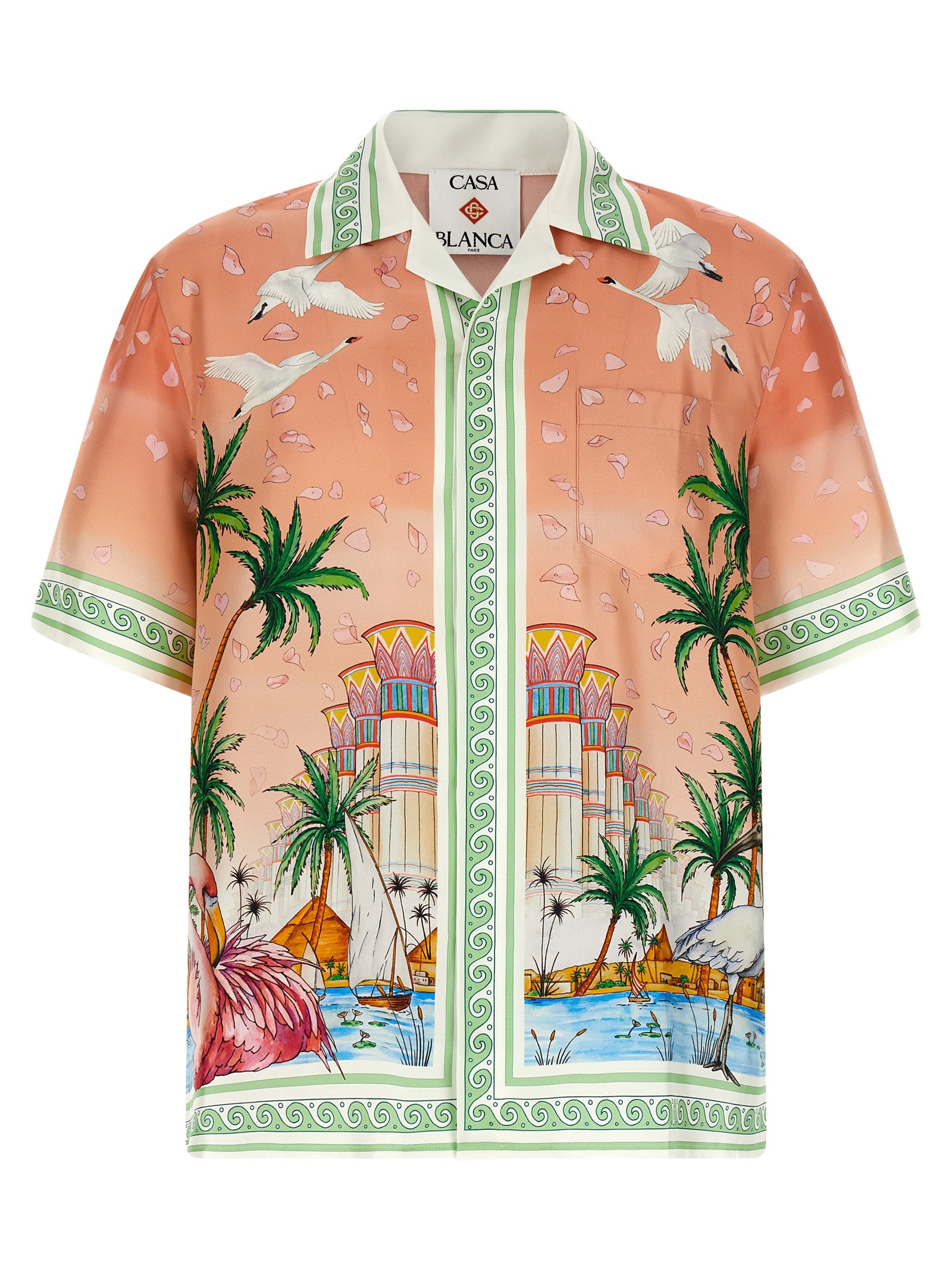 Shirt by Casablanca for men in silk canvas twill green, multicolor, peach, white & print presents a discerning silhouette, showcasing a sophisticated cuban-collar neckline and for a truly discerning finish.