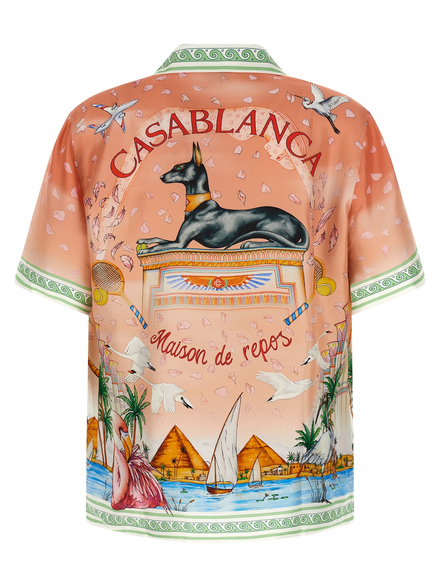 Shirt by Casablanca for men in silk canvas twill green, multicolor, peach, white & print features an polished silhouette, showcasing a sophisticated cuban-collar neckline and detail for a truly polished finish.