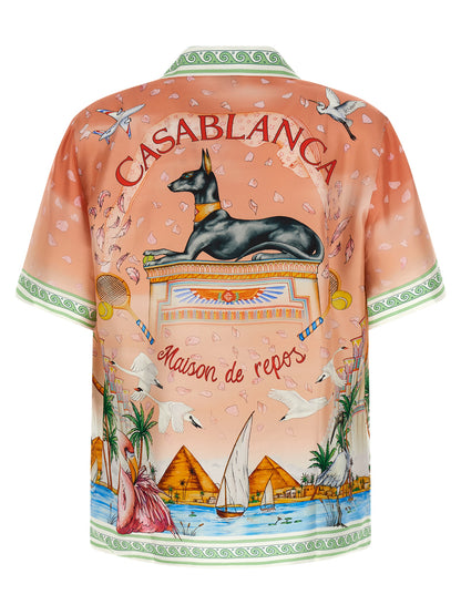 Shirt by Casablanca for men in silk canvas twill green, multicolor, peach, white & print features an polished silhouette, showcasing a sophisticated cuban-collar neckline and detail for a truly polished finish.