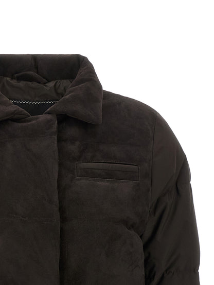 Puffer Jacket by Kiton for women in polyamide suede leather brown features a city-ready silhouette, detailed with insulated and a city-ready .