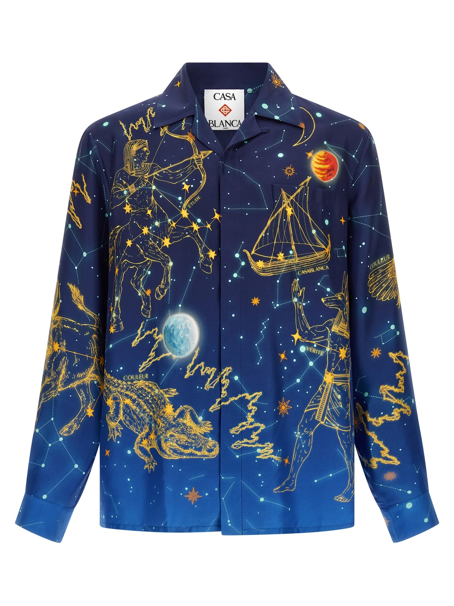 Shirt by Casablanca for men in silk blue & print features an polished silhouette, showcasing a sophisticated cuban-collar neckline and detail for a truly polished finish.