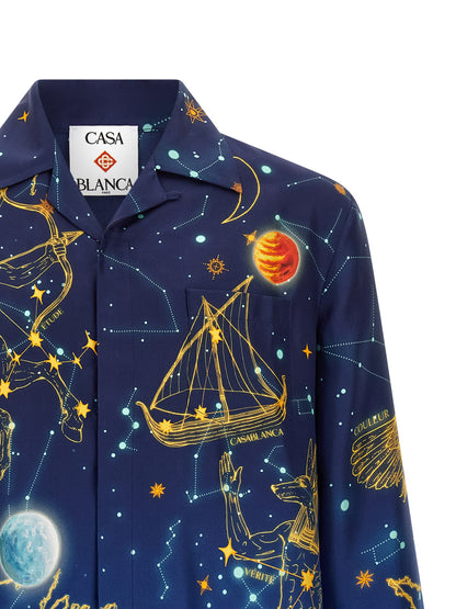 Shirt by Casablanca for men in silk blue & print showcases a sleek silhouette, elegantly detailed with a sleek cuban-collar neckline and for a sleek finish.