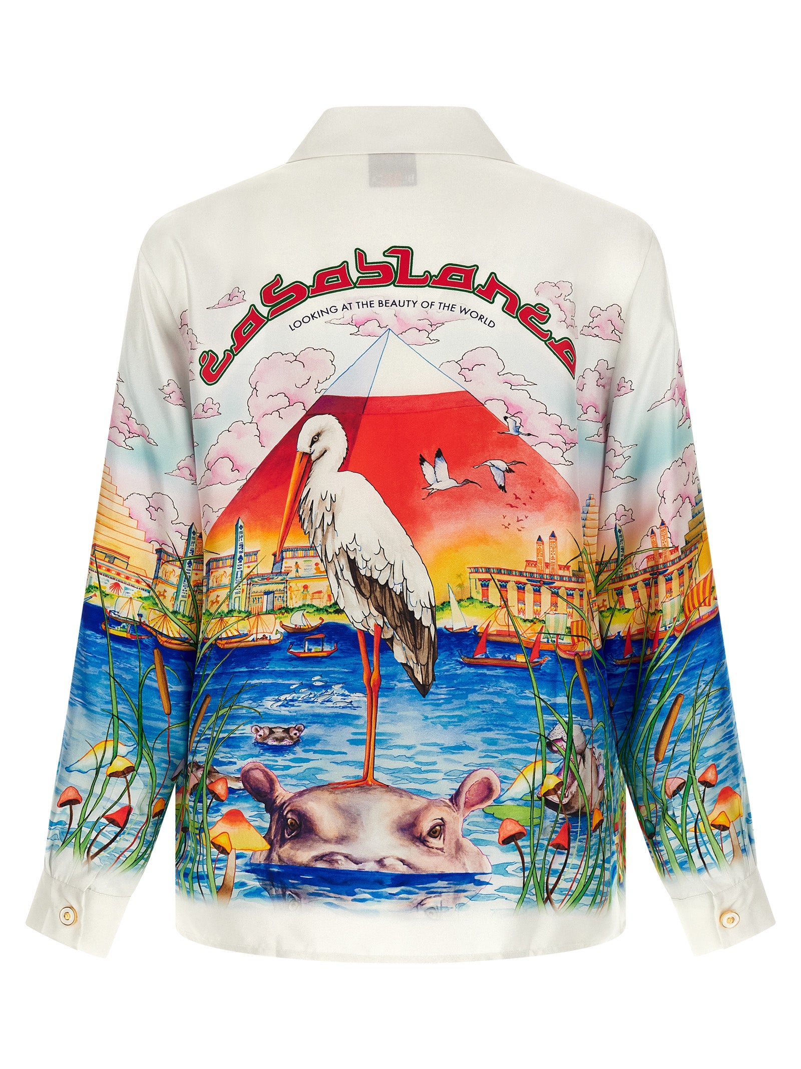 Shirt by Casablanca for men in silk twill gold, multicolor & print showcases a sublime silhouette, artfully detailed with a sublime cuban-collar neckline and for a sophisticated, sublime finish.