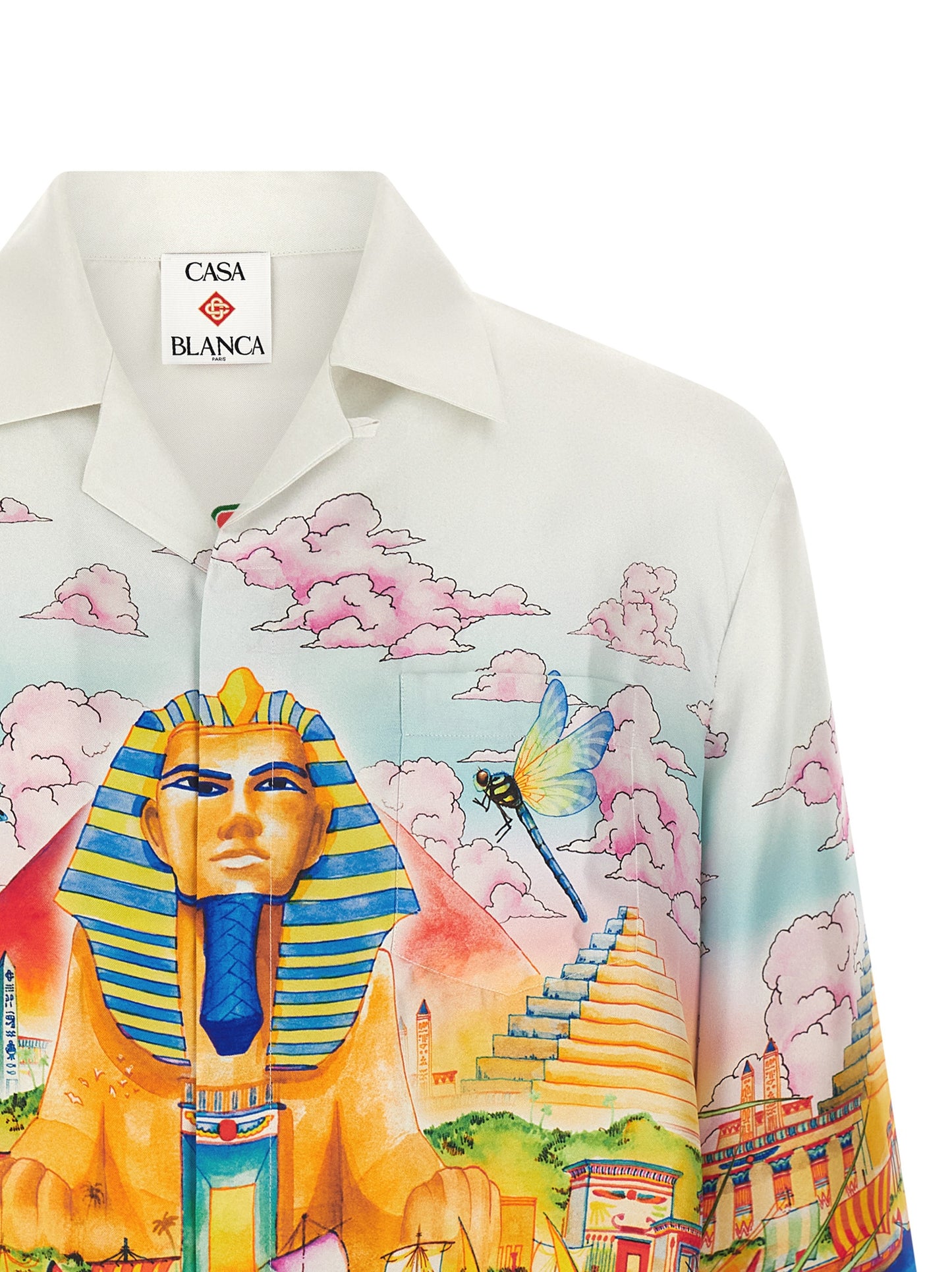 Shirt by Casablanca for men in silk twill gold, multicolor & print features an architectural silhouette with a refined and elegant cuban-collar neckline for a architectural look.
