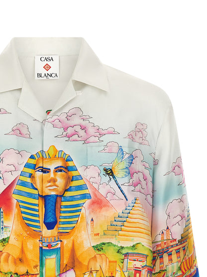 Shirt by Casablanca for men in silk twill gold, multicolor & print features an architectural silhouette with a refined and elegant cuban-collar neckline for a architectural look.