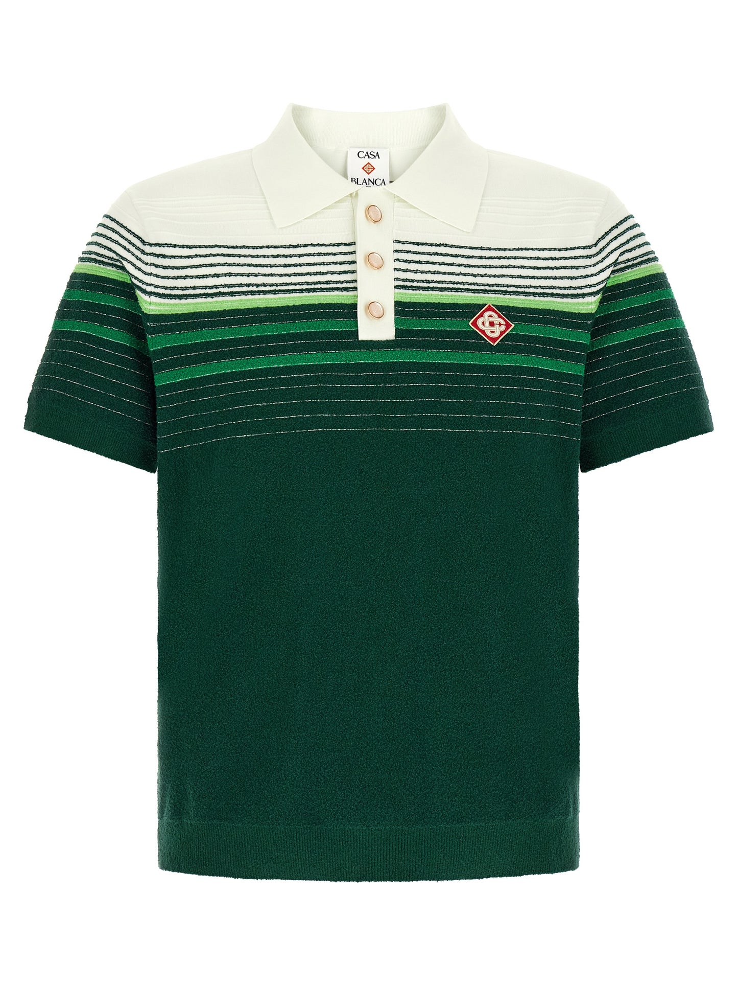 This Polo Shirt by Casablanca for men in nylon cotton bicolour, gold, green, pearl, white & striped presents a flawless silhouette, showcasing flawless detailing and a refined for a truly flawless aesthetic.