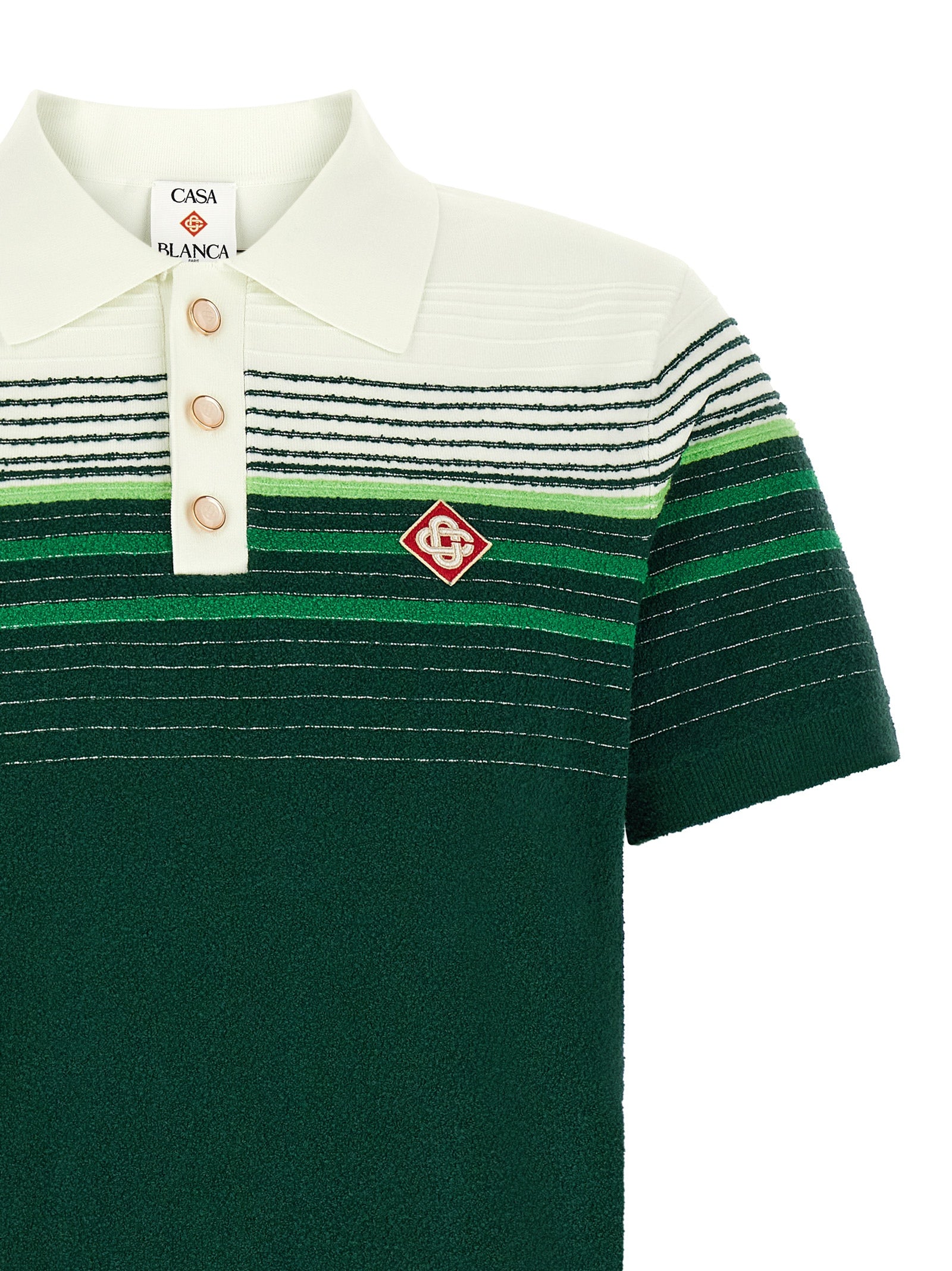 Polo Shirt by Casablanca for men in nylon cotton bicolour, gold, green, pearl, white & striped presents a crisp silhouette, artfully detailed with a crisp and crisp .