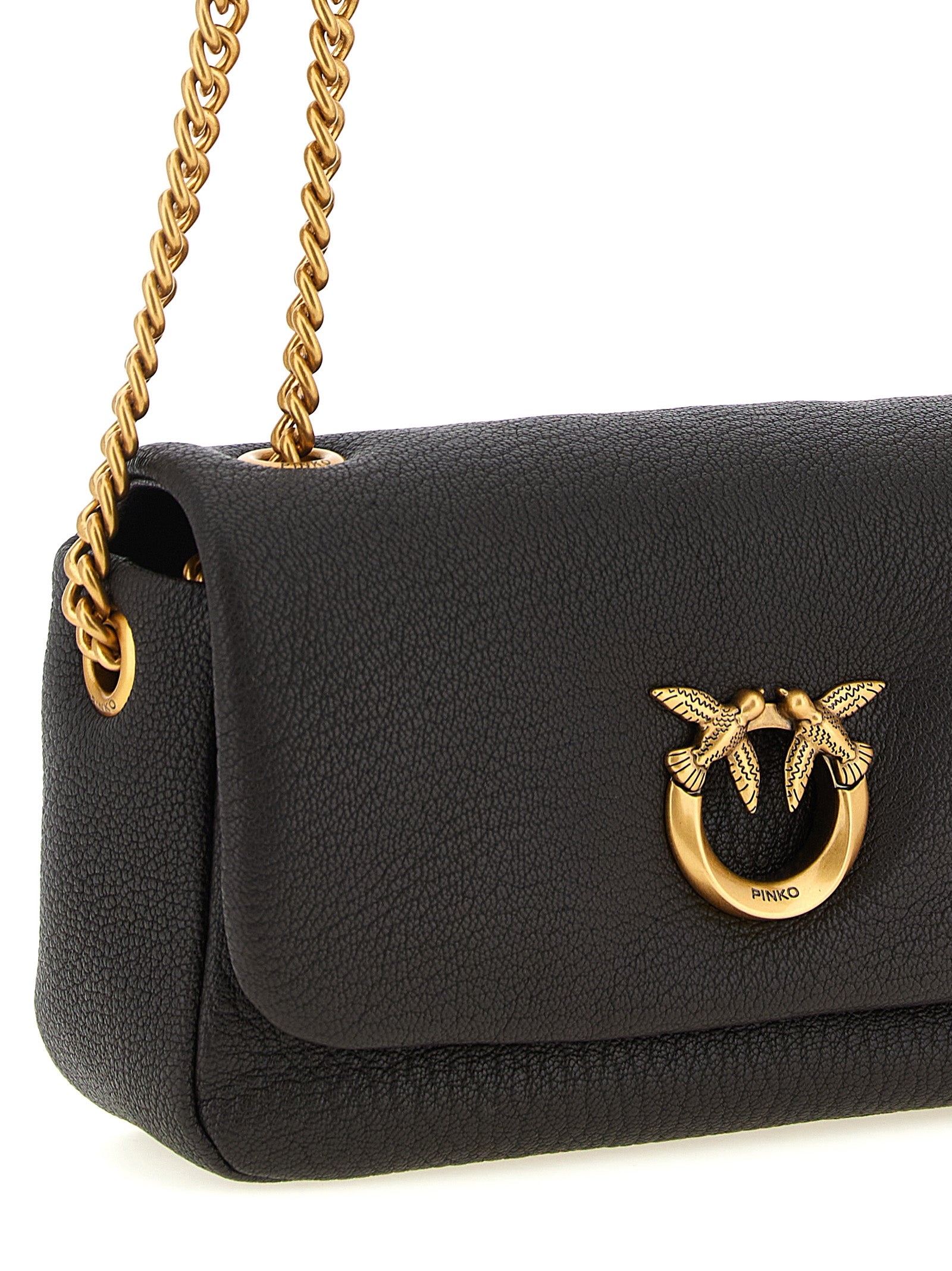 Crossbody Handbag by PINKO for women in lamb leather black, brown, gold & signature features a multifaceted silhouette, showcasing a secure buckle and multifaceted with versatile crossbody-strap for multifaceted style.