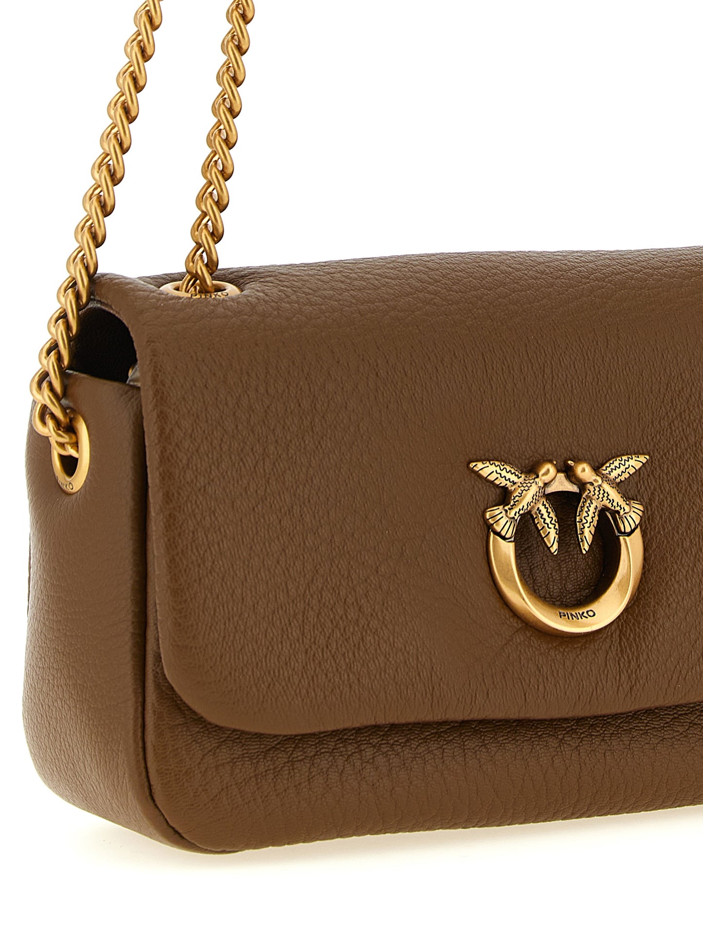 Shoulder Bag by PINKO for women in lamb leather brown & gold features an effortlessly chic silhouette with a secure zipper & buckle, ample , and versatile shoulder-strap for effortlessly chic everyday luxury.