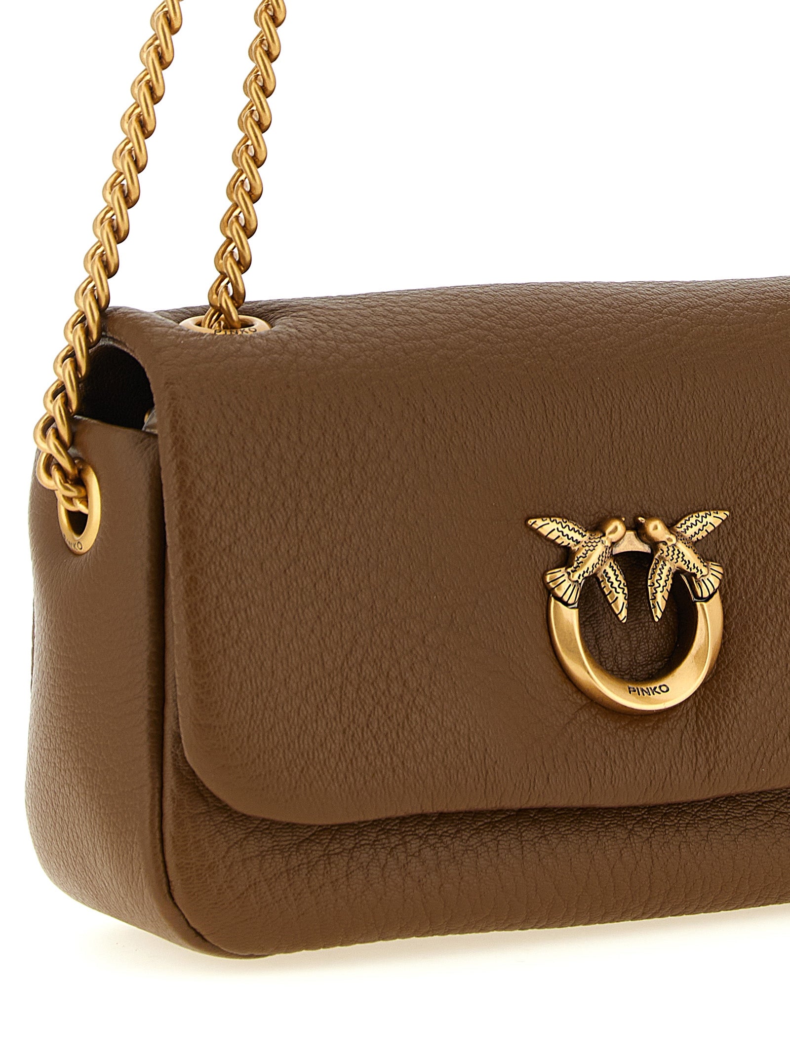 Shoulder Bag by PINKO for women in lamb leather brown & gold features an effortlessly chic silhouette with a secure zipper & buckle, ample , and versatile shoulder-strap for effortlessly chic everyday luxury.