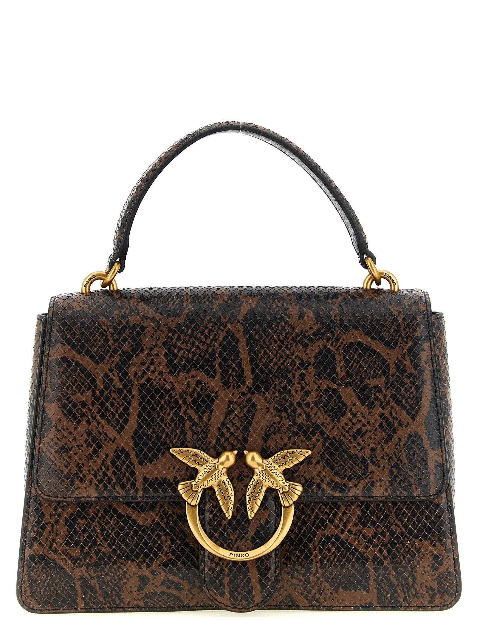 Medium Handbag by PINKO for women in python calfskin leather black, brown, gold & print features a signature silhouette, showcasing a secure buckle and signature with versatile handle & detachable-strap for a sophisticated look.