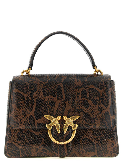 Medium Handbag by PINKO for women in python calfskin leather black, brown, gold & print features a signature silhouette, showcasing a secure buckle and signature with versatile handle & detachable-strap for a sophisticated look.