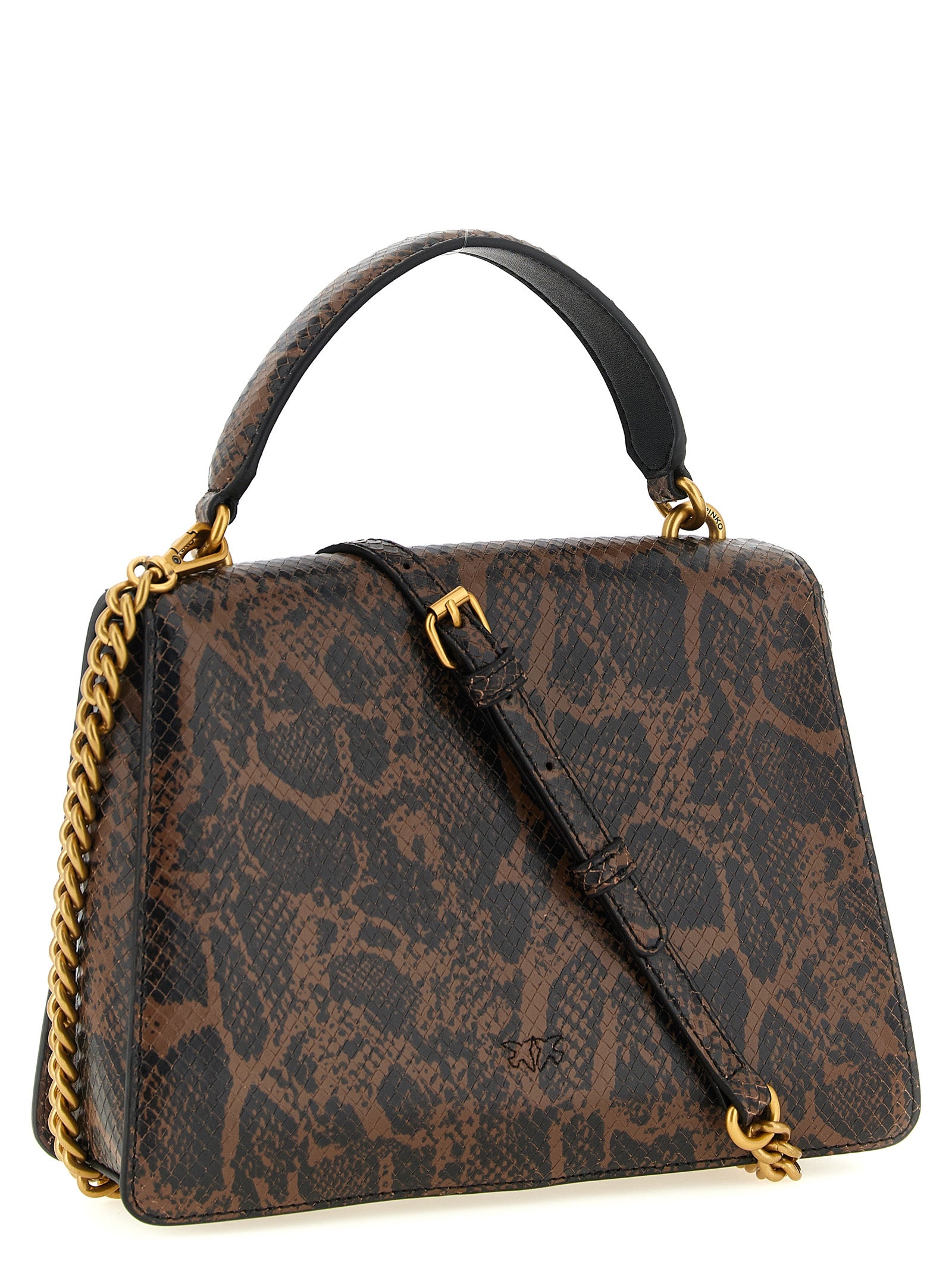 Medium Handbag by PINKO for women in python calfskin leather black, brown, gold & print features a contemporary silhouette, showcasing a secure buckle, ample , and contemporary handle & detachable-strap for a sophisticated look.