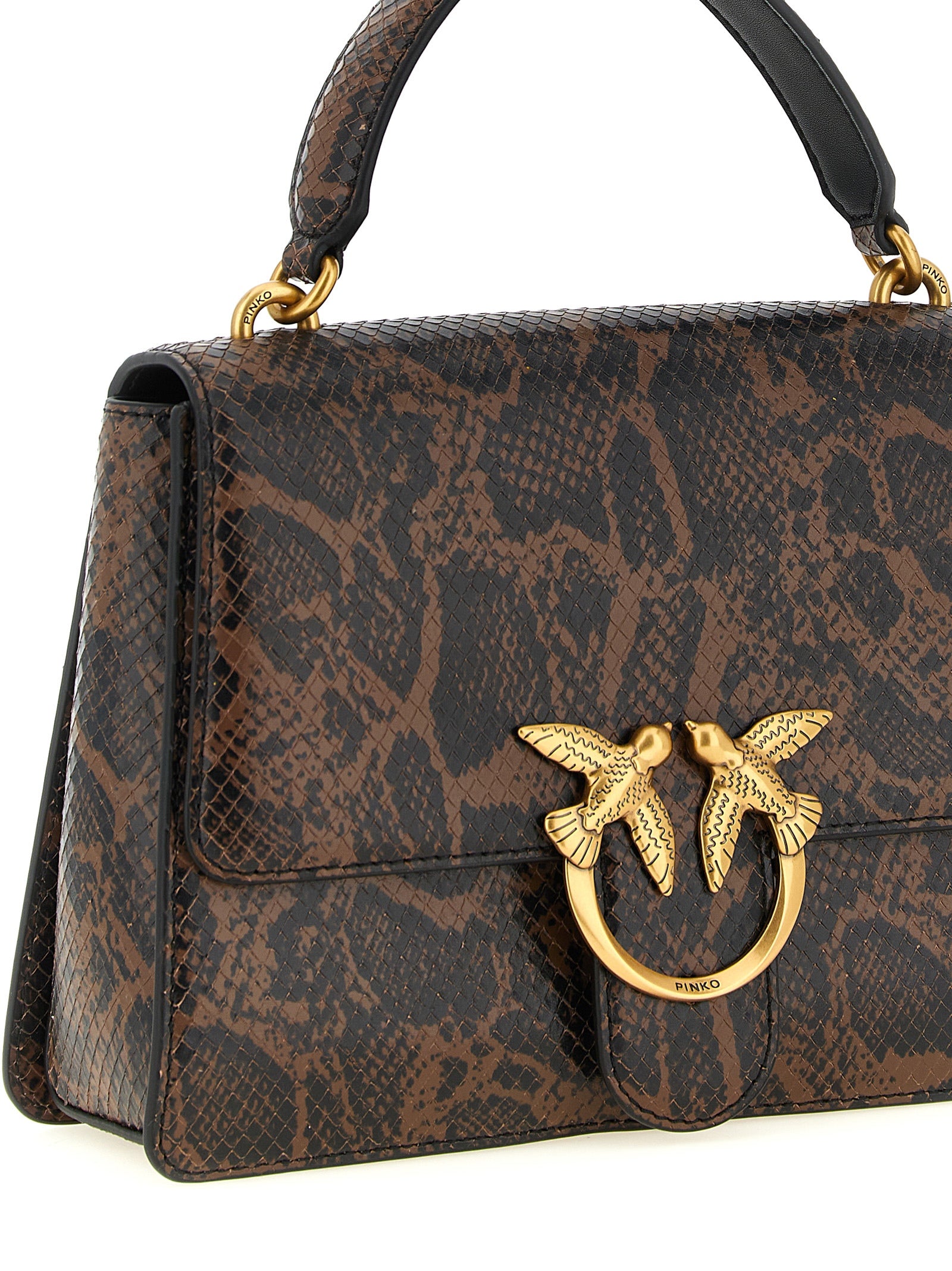 Medium Handbag by PINKO for women in python calfskin leather black, brown, gold & print features a signature silhouette, showcasing a secure buckle and signature with versatile handle & detachable-strap for a sophisticated look.