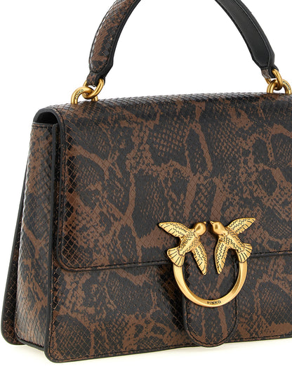 Medium Handbag by PINKO for women in python calfskin leather black, brown, gold & print features a signature silhouette, showcasing a secure buckle and signature with versatile handle & detachable-strap for a sophisticated look.