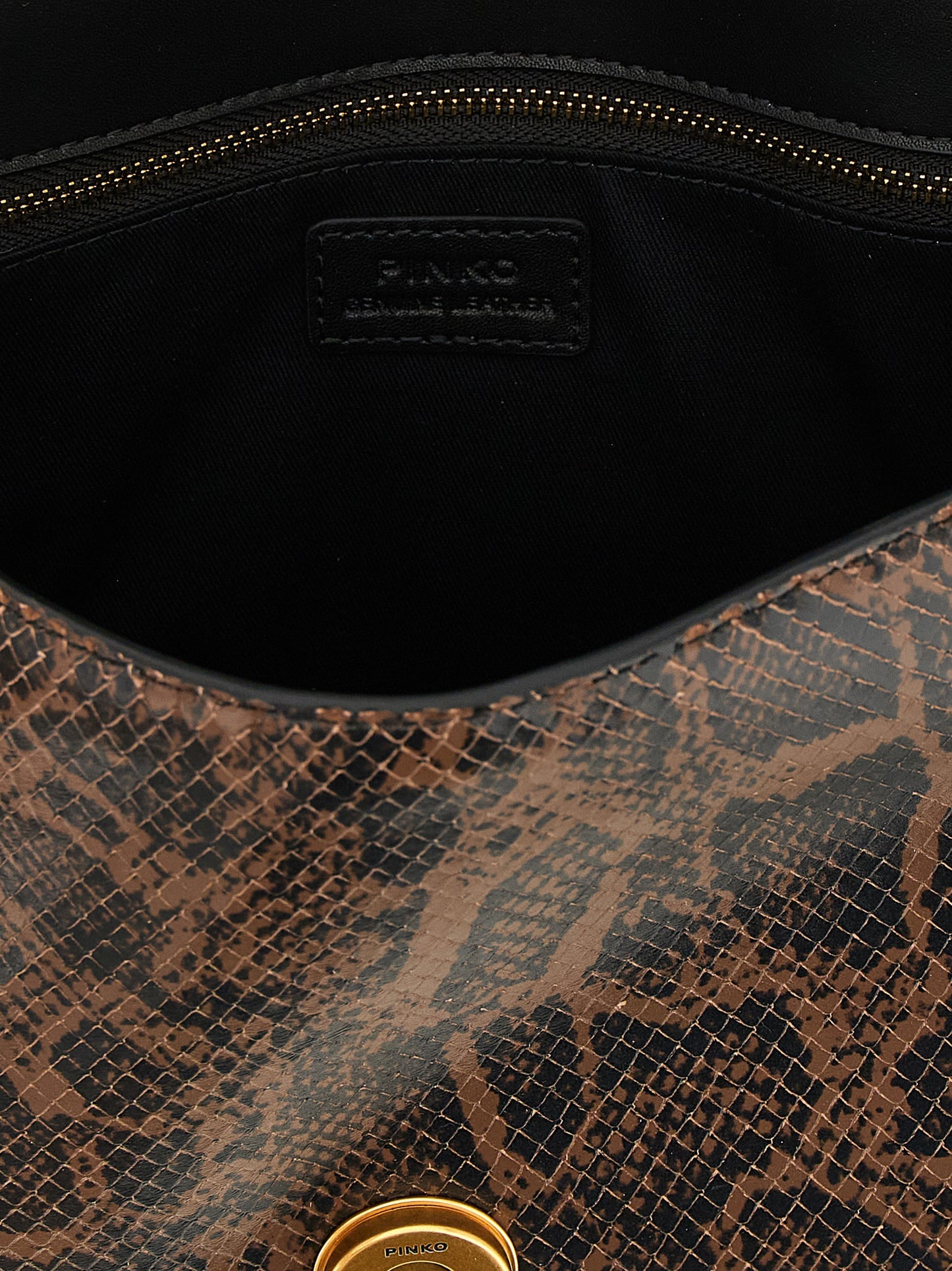 Medium Handbag by PINKO for women in python calfskin leather black, brown, gold & print features a exquisite silhouette, showcasing a secure buckle and exquisite with versatile handle & detachable-strap for a exquisite finish.